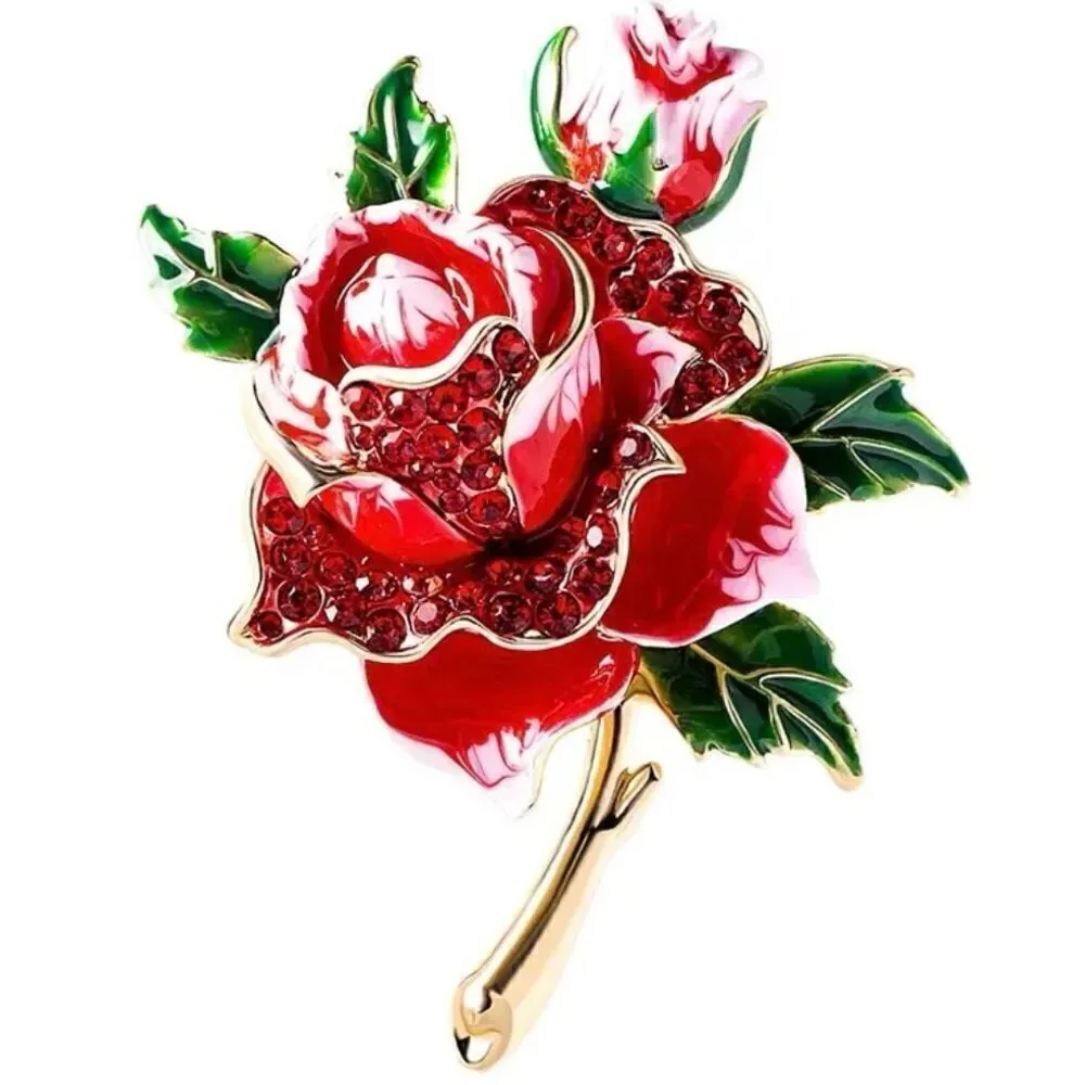 Crystal Rhinestone Rose Brooch Womens Large Enamel Fashion Floral Pin New